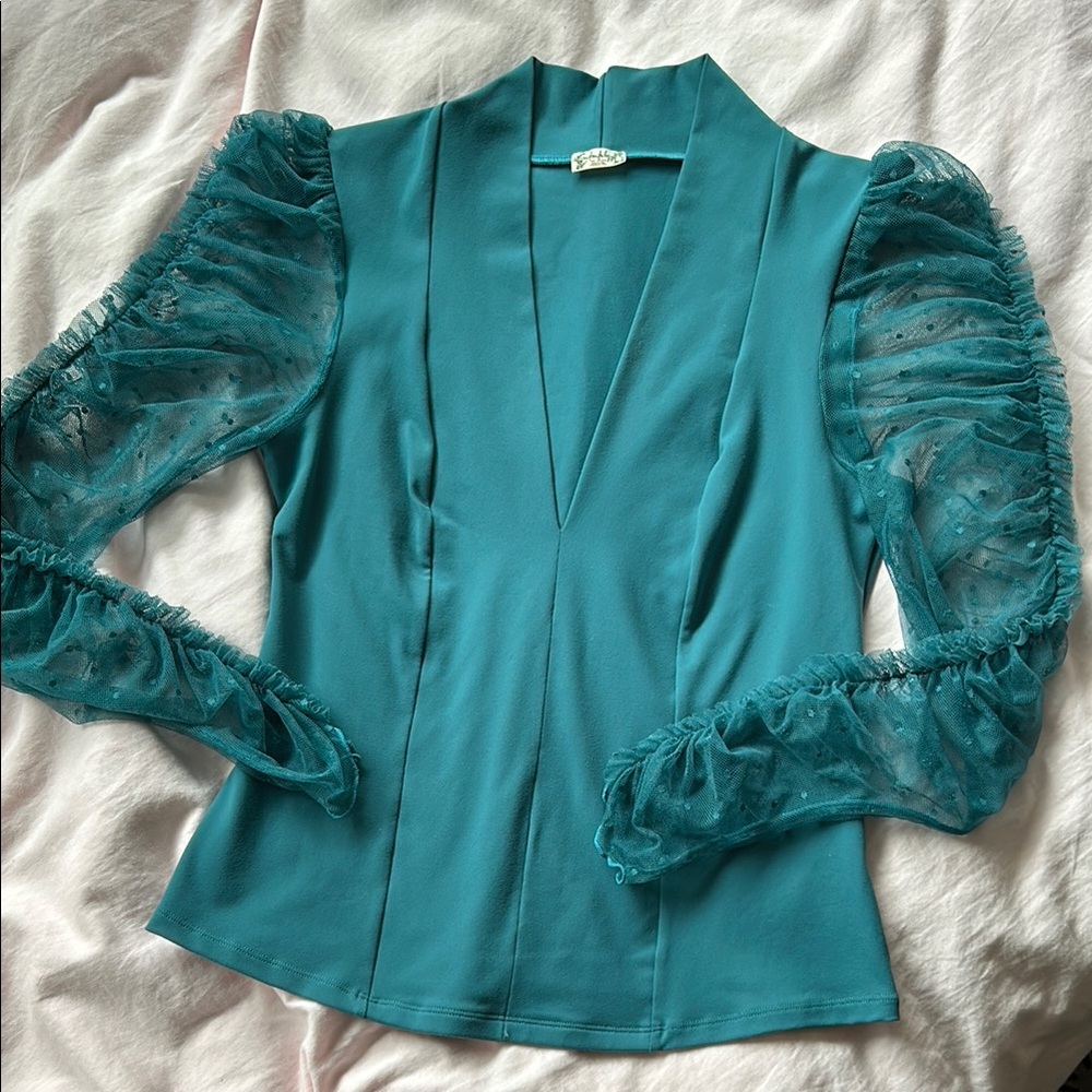 Free People "Vibing You" Teal Top with Sheer Ruched Sleeves